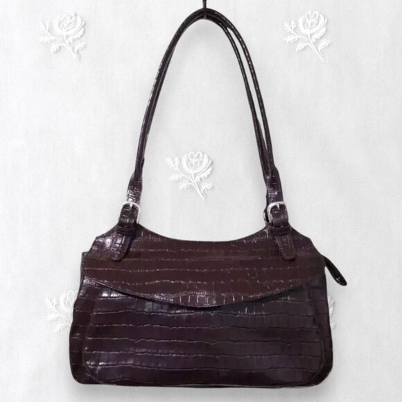 MAXX New York VTG Maroon Brown Croc Embossed Leather Shoulder Bag - Picture 1 of 8